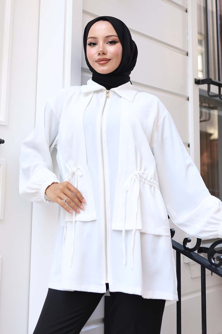 BNG Women Short Waistcoat with Ruffled Zipper White 3243 - Glendale