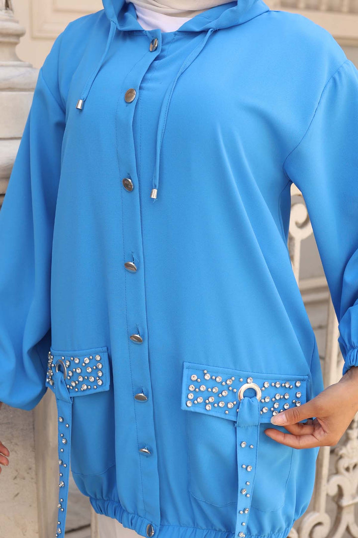 BNG Women Pockets Stone Detailed Buttoned Short Coat Blue 3241 - Tenancingo