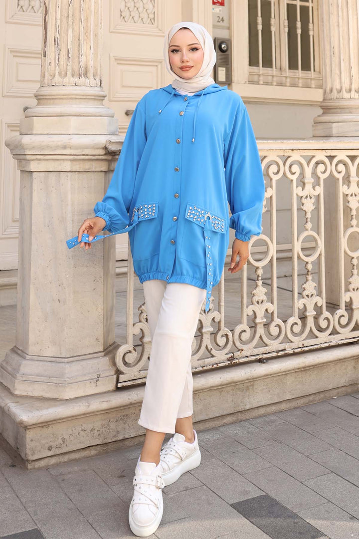 BNG Women Pockets Stone Detailed Buttoned Short Coat Blue 3241 - Tenancingo