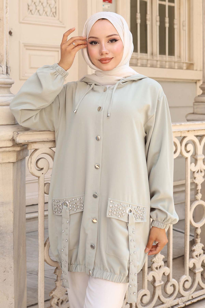 BNG Women Pocket Stone Detailed Buttoned Short Coat Mint Green 3241 - Gavá