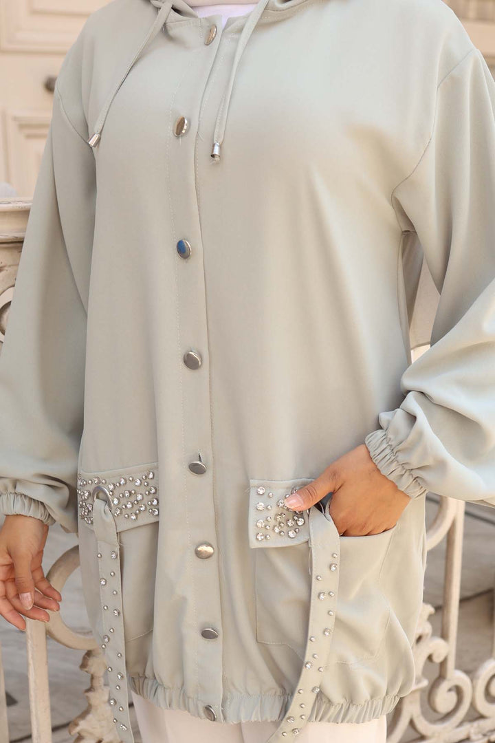 BNG Women Pocket Stone Detailed Buttoned Short Coat Mint Green 3241 - Gavá