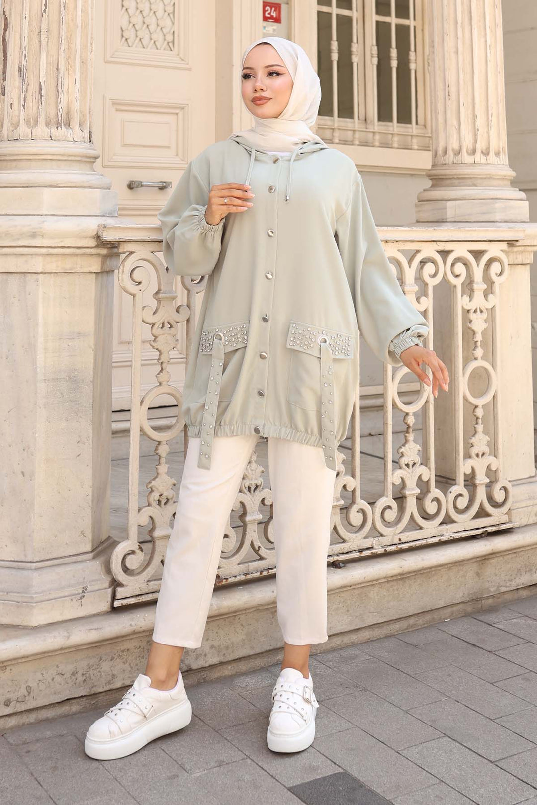 BNG Women Pocket Stone Detailed Buttoned Short Coat Mint Green 3241 - Gavá