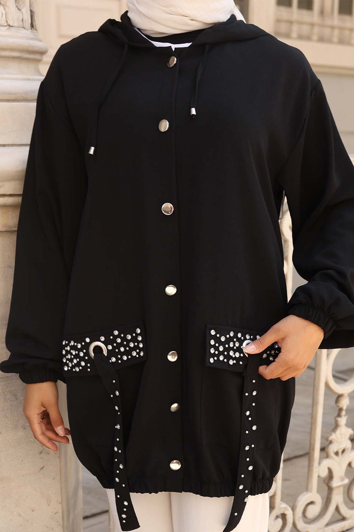 BNG Women Pockets Stone Detailed Buttoned Short Coat Black 3241 - Bradford