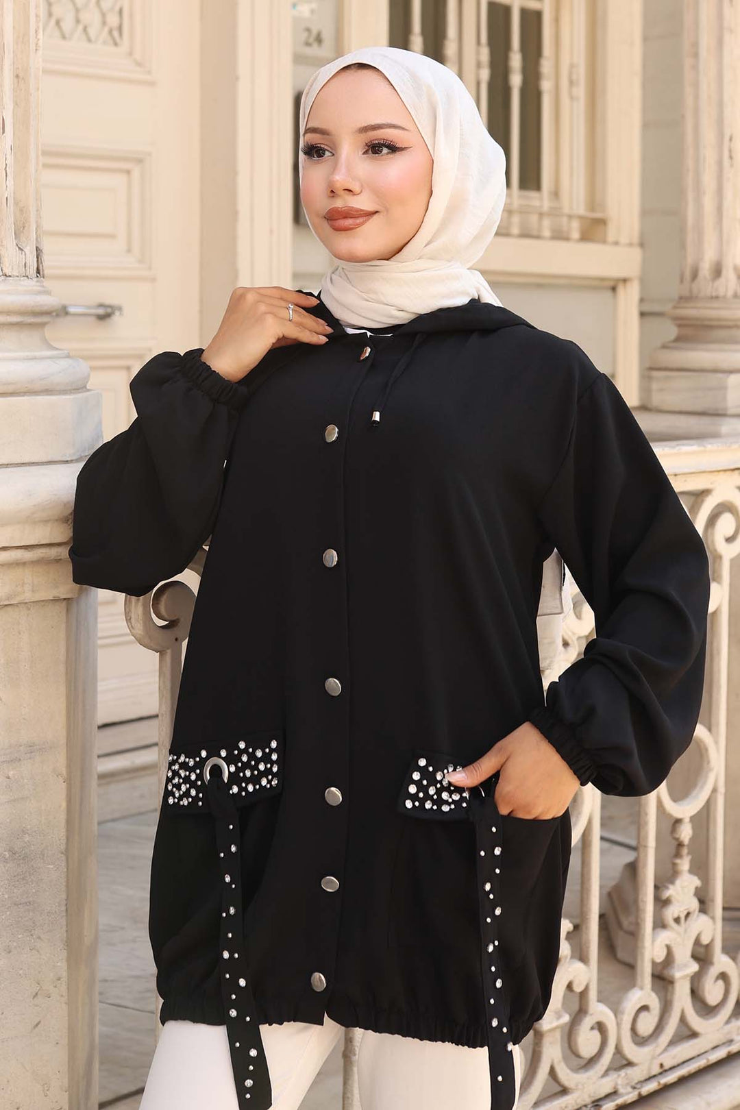 BNG Women Pockets Stone Detailed Buttoned Short Coat Black 3241 - Bradford