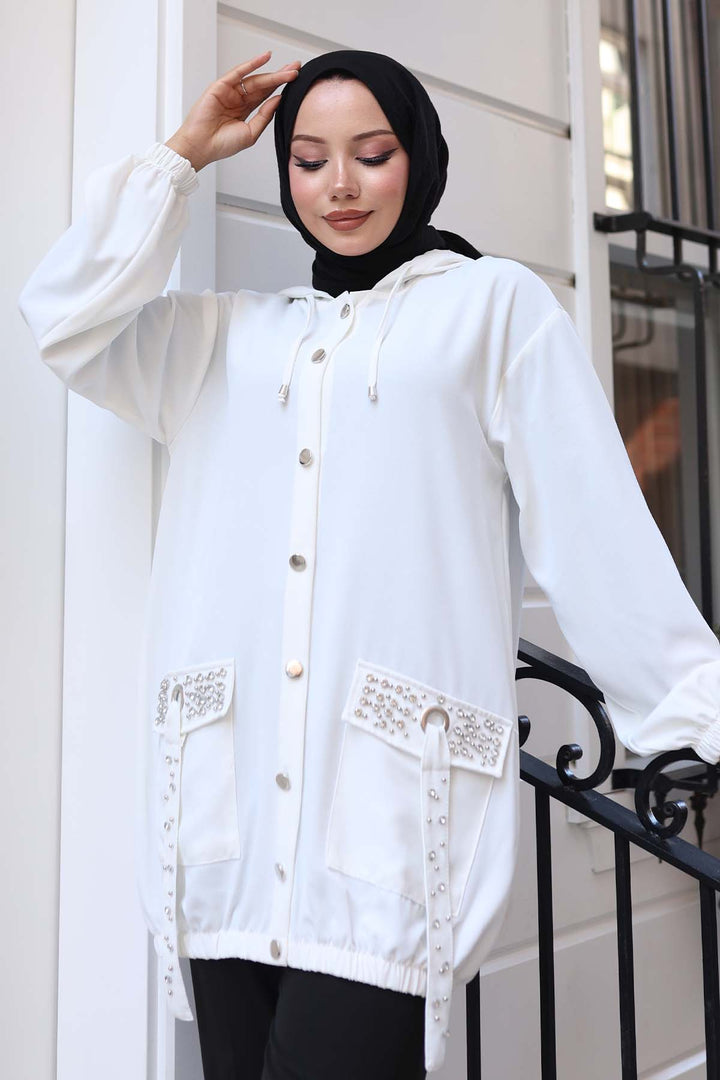 BNG Women White Short Coat with Stone Detailed Buttons Pockets 3241 - Granadilla de Abona