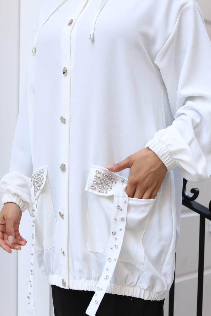 BNG Women White Short Coat with Stone Detailed Buttons Pockets 3241 - Granadilla de Abona