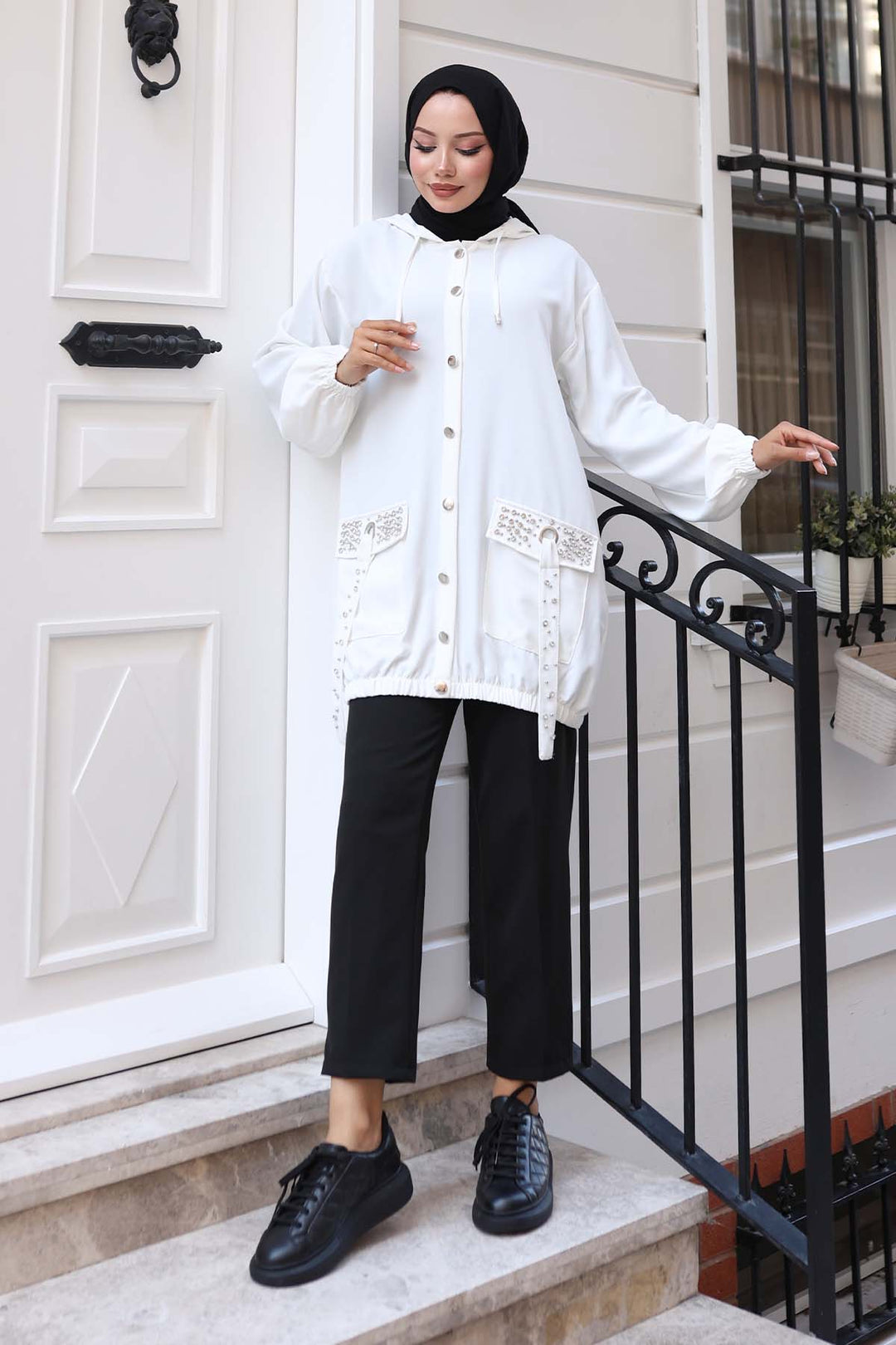 BNG Women White Short Coat with Stone Detailed Buttons Pockets 3241 - Granadilla de Abona