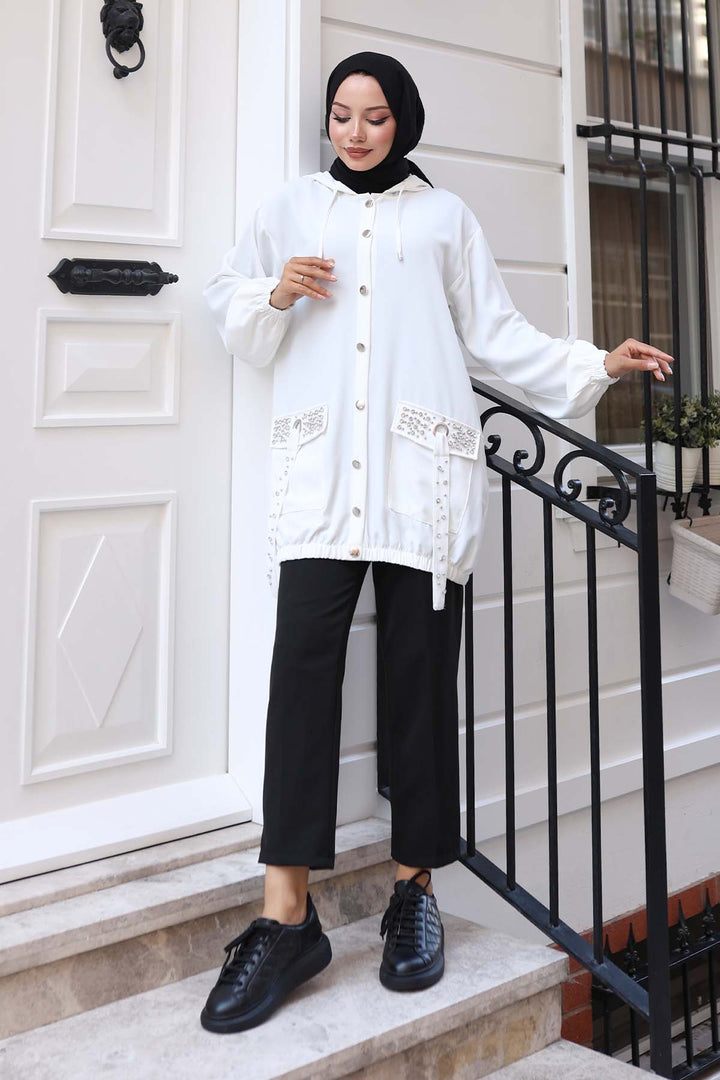 BNG Women White Short Coat with Stone Detailed Buttons Pockets 3241 - Granadilla de Abona