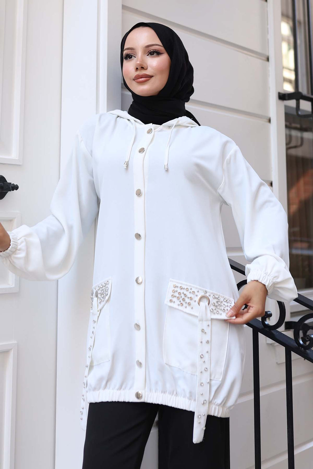 BNG Women White Short Coat with Stone Detailed Buttons Pockets 3241 - Granadilla de Abona