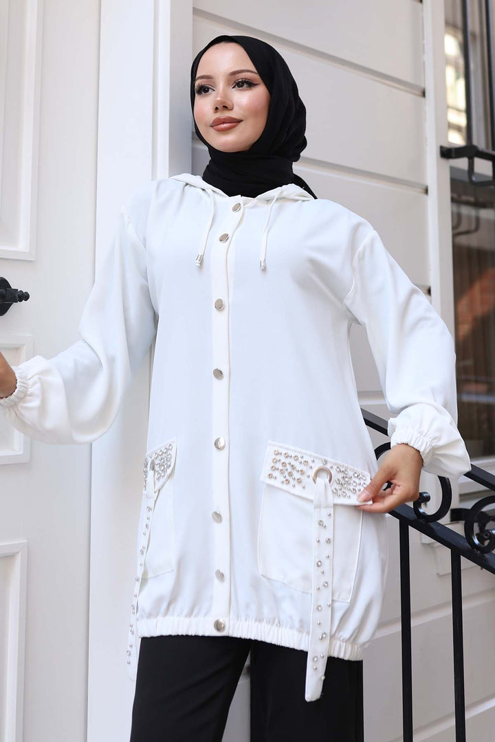 BNG Women White Short Coat with Stone Detailed Buttons Pockets 3241 - Granadilla de Abona