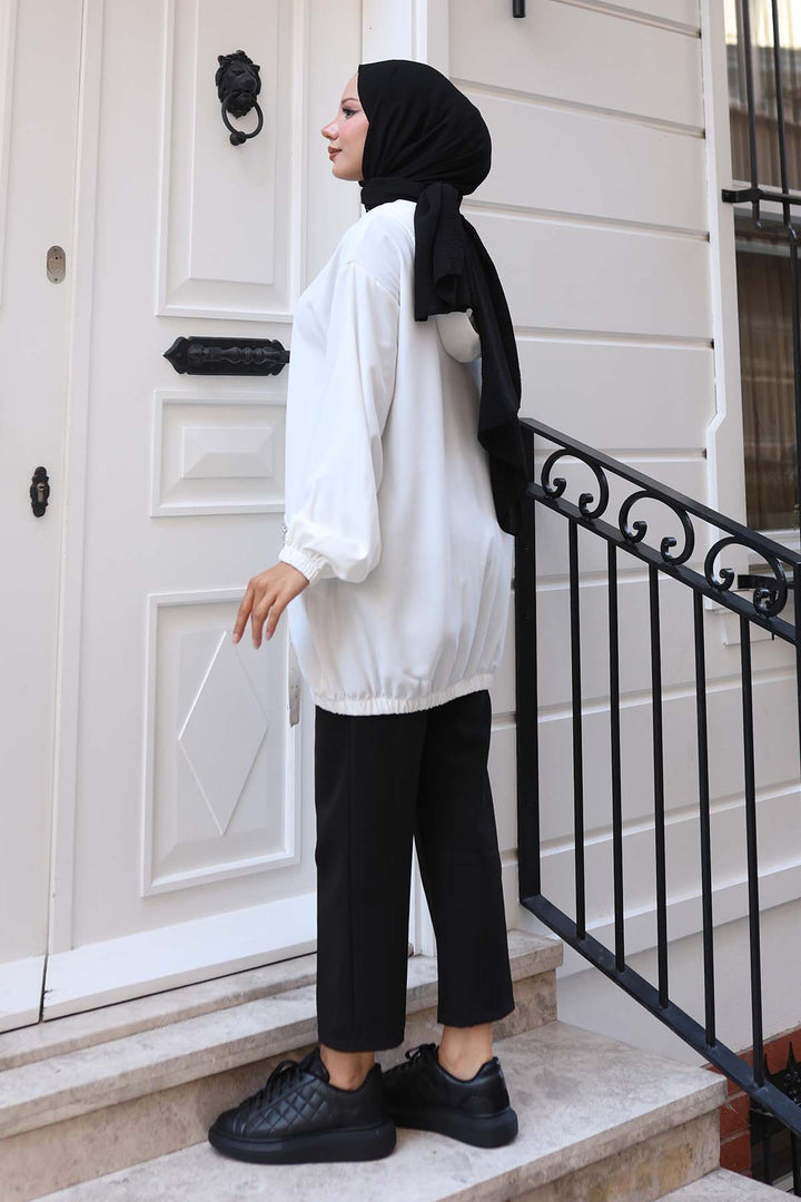 BNG Women White Short Coat with Stone Detailed Buttons Pockets 3241 - Granadilla de Abona