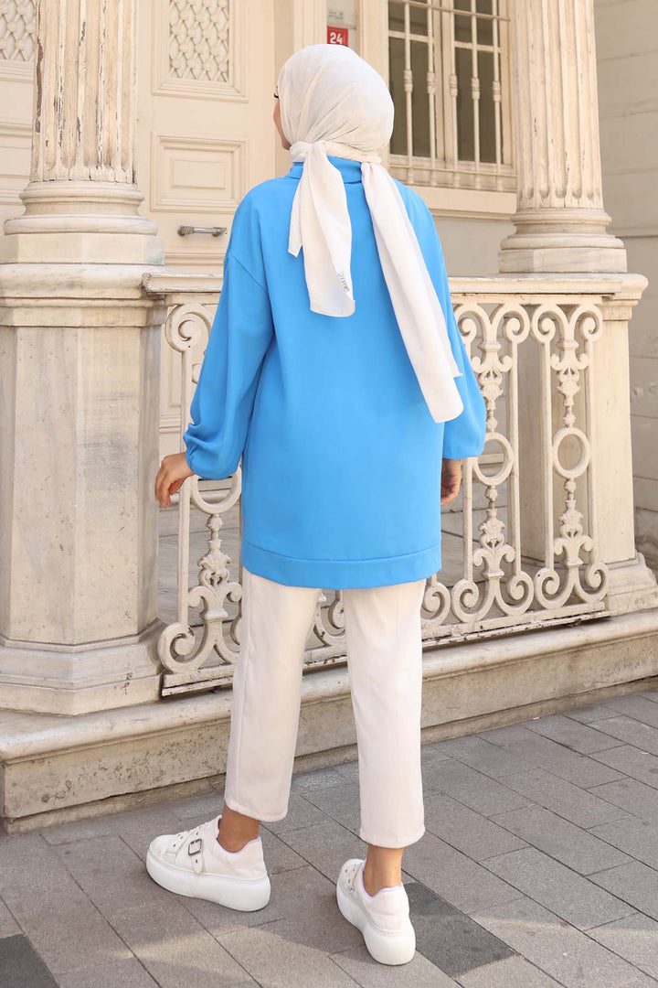 BNG Women İp Detaylı Yarım Fermuarlı Tesettür Tunik Mavi 3190 - Roswell