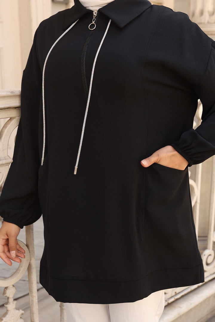 BNG Women İp Detaylı Yarım Fermuarlı Tesettür Tunik Siyah 3190 - Fuenlabrada