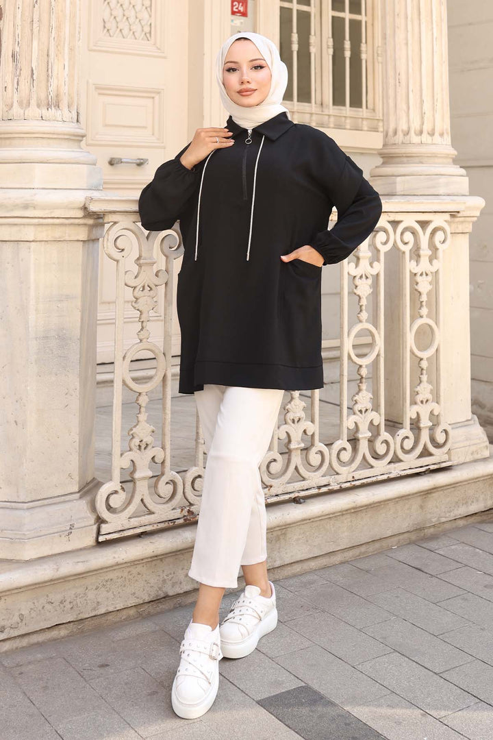 BNG Women İp Detaylı Yarım Fermuarlı Tesettür Tunik Siyah 3190 - Fuenlabrada