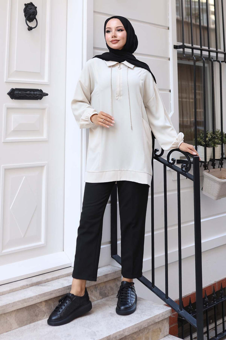 BNG Women İp Detaylı Yarım Fermuarlı Tesettür Tunik Taş Rengi 3190 - Newark