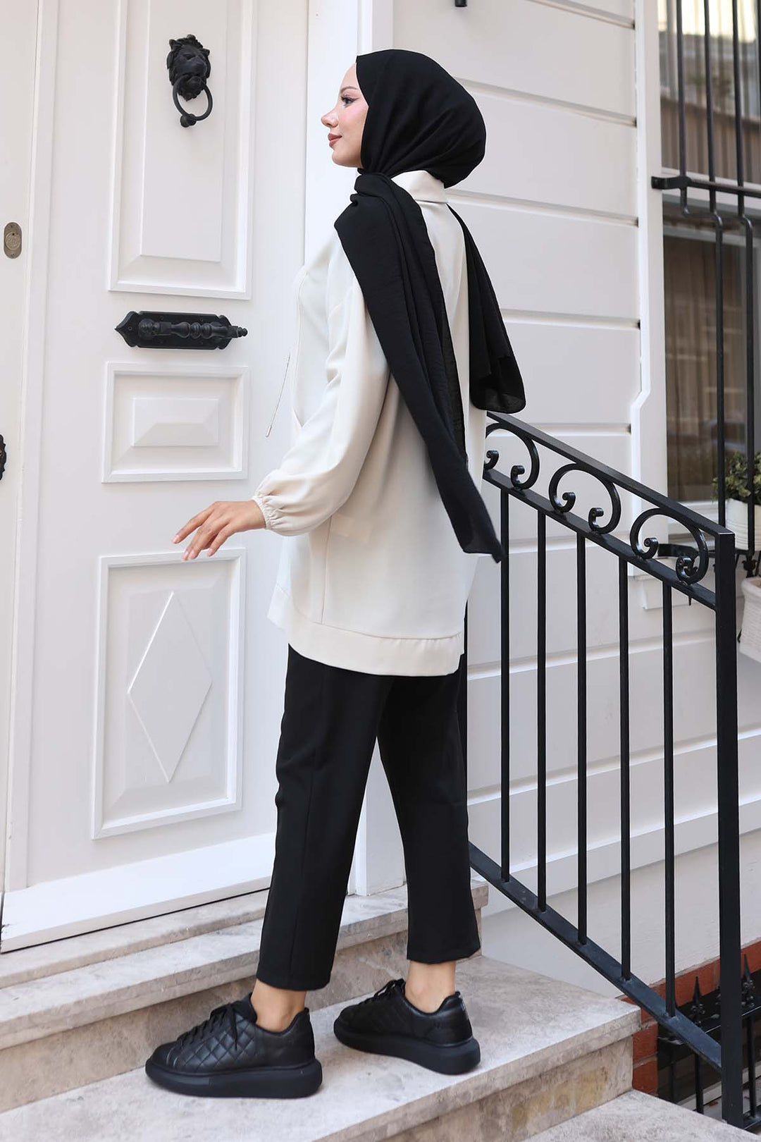 BNG Women İp Detaylı Yarım Fermuarlı Tesettür Tunik Taş Rengi 3190 - Newark