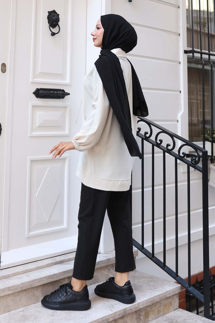 BNG Women İp Detaylı Yarım Fermuarlı Tesettür Tunik Taş Rengi 3190 - Newark