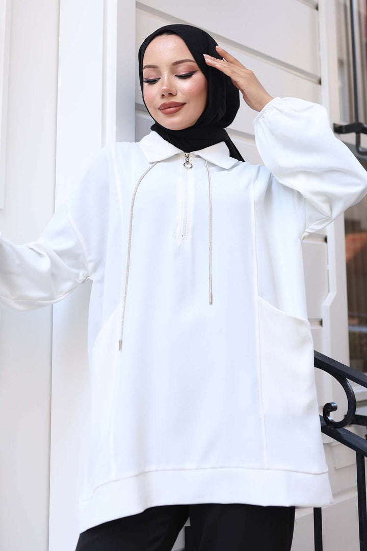 BNG Women Detailed Half-Zip Hijab Tunic White 3190 - Silver Spring