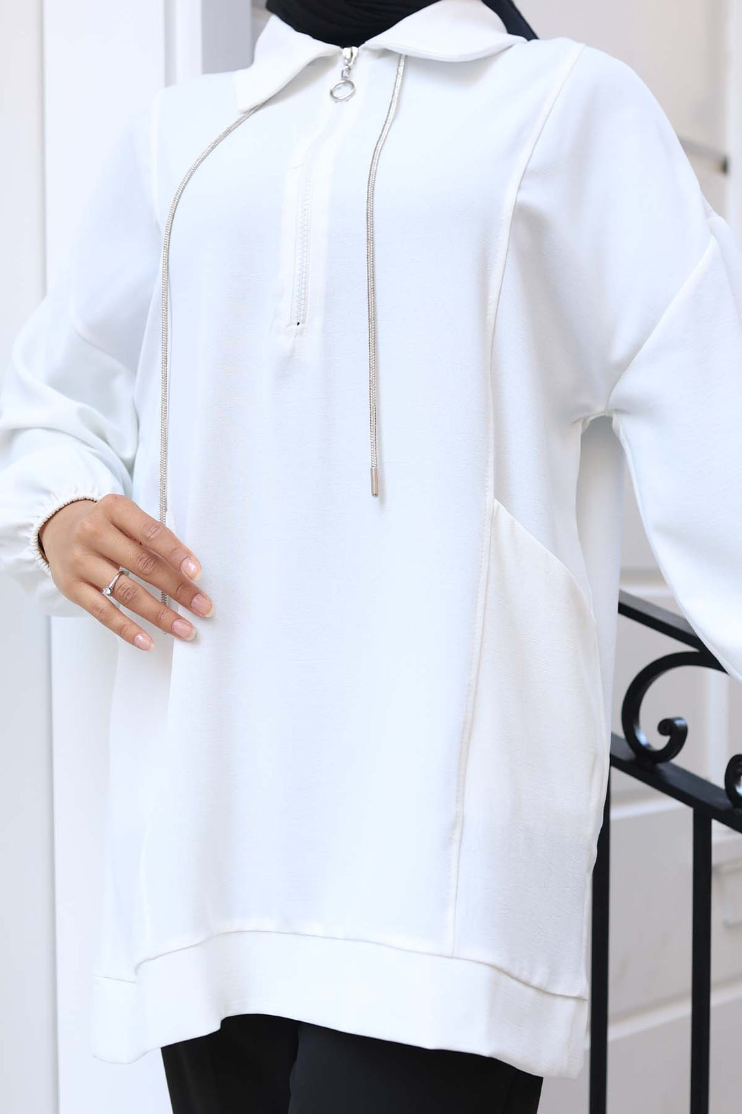 BNG Women Detailed Half-Zip Hijab Tunic White 3190 - Silver Spring