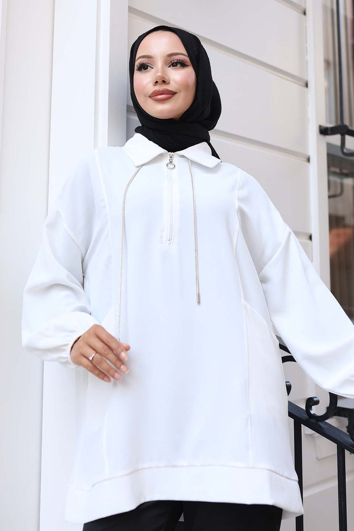 BNG Women Detailed Half-Zip Hijab Tunic White 3190 - Silver Spring