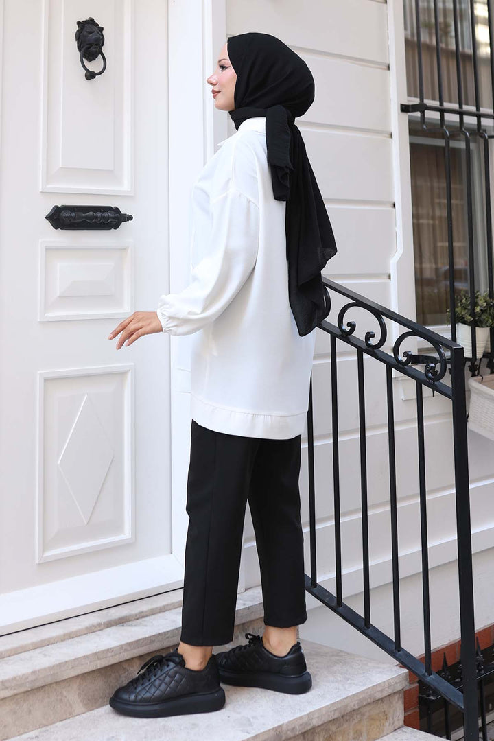BNG Women Detailed Half-Zip Hijab Tunic White 3190 - Silver Spring
