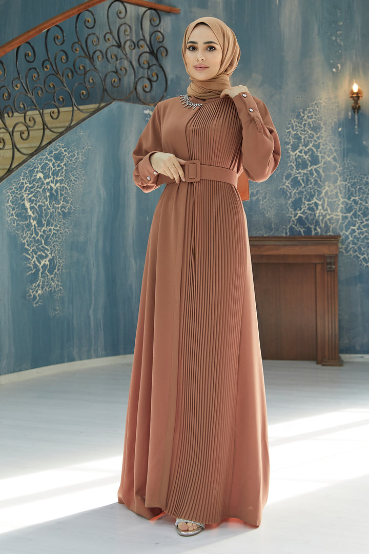 ZRF Women Pleated Belted Dress - Camel - Auburn
