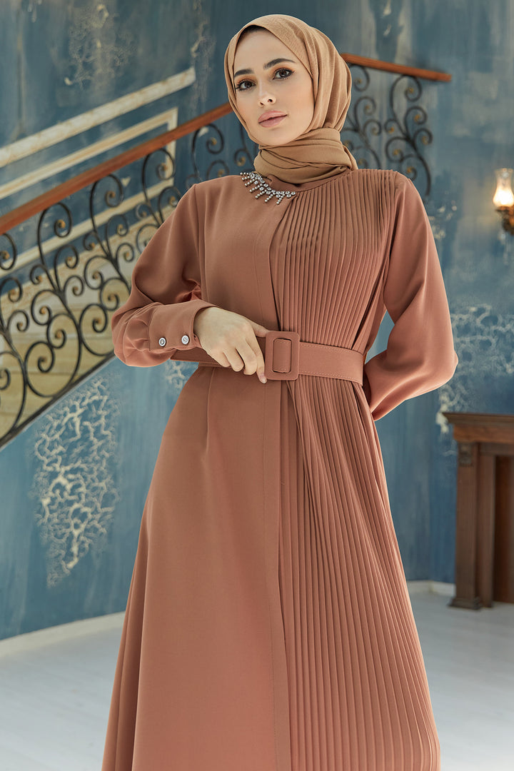 ZRF Women Pleated Belted Dress - Camel - Auburn