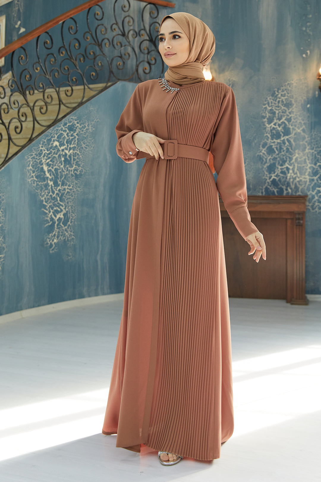 ZRF Women Pleated Belted Dress - Camel - Auburn