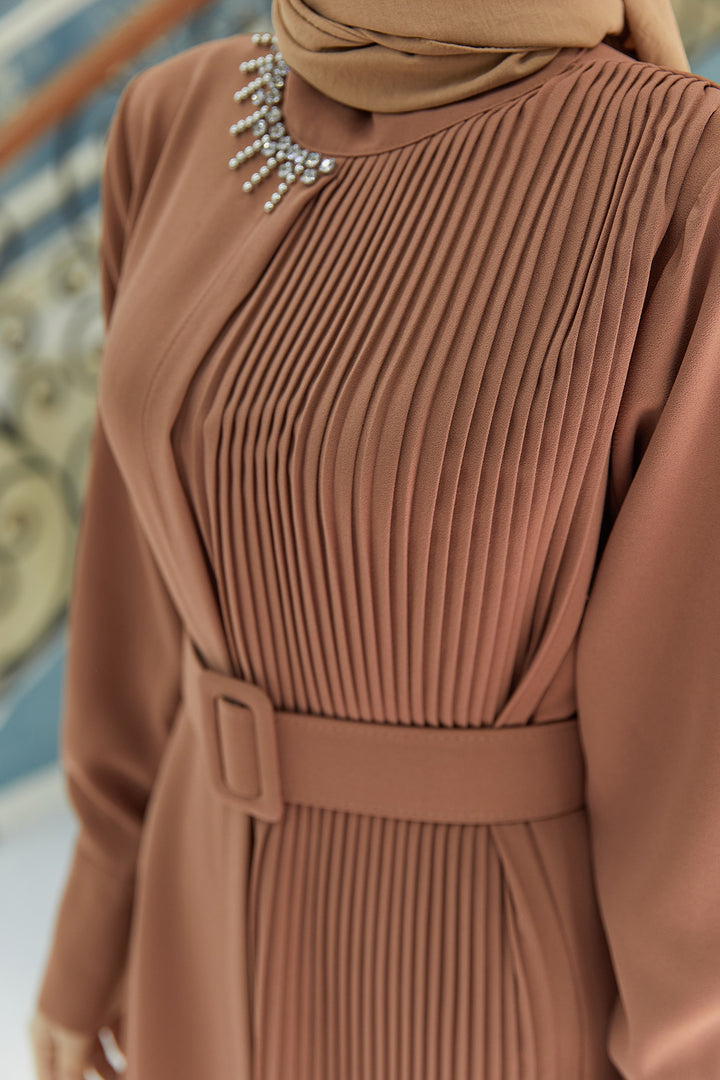 ZRF Women Pleated Belted Dress - Camel - Auburn
