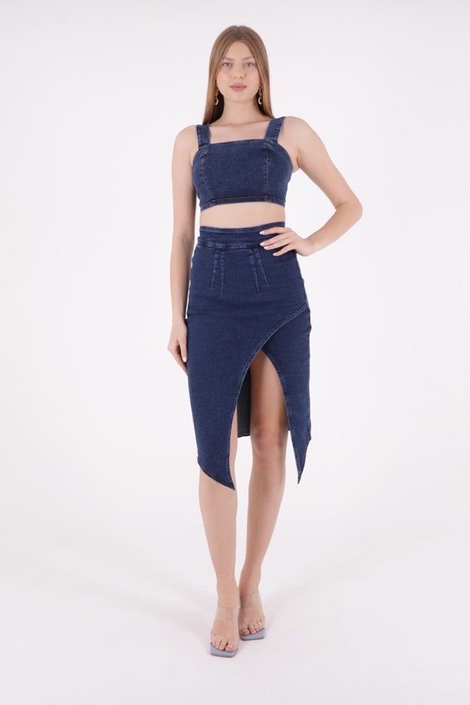 XLJ Asymmetric Medium Denim Skirt with Front Darts and Side Slit Mixed - Bilbao