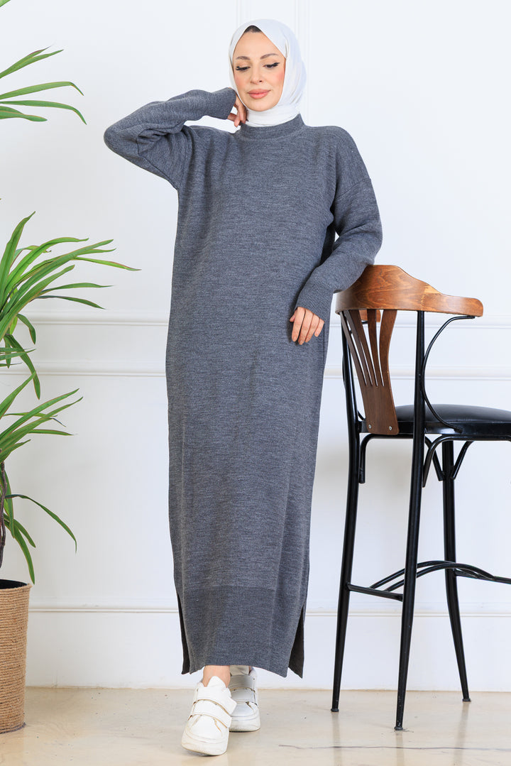 BNG Women Yırtmaç Detaylı Triko Elbise S510 Antrasit - Lugo