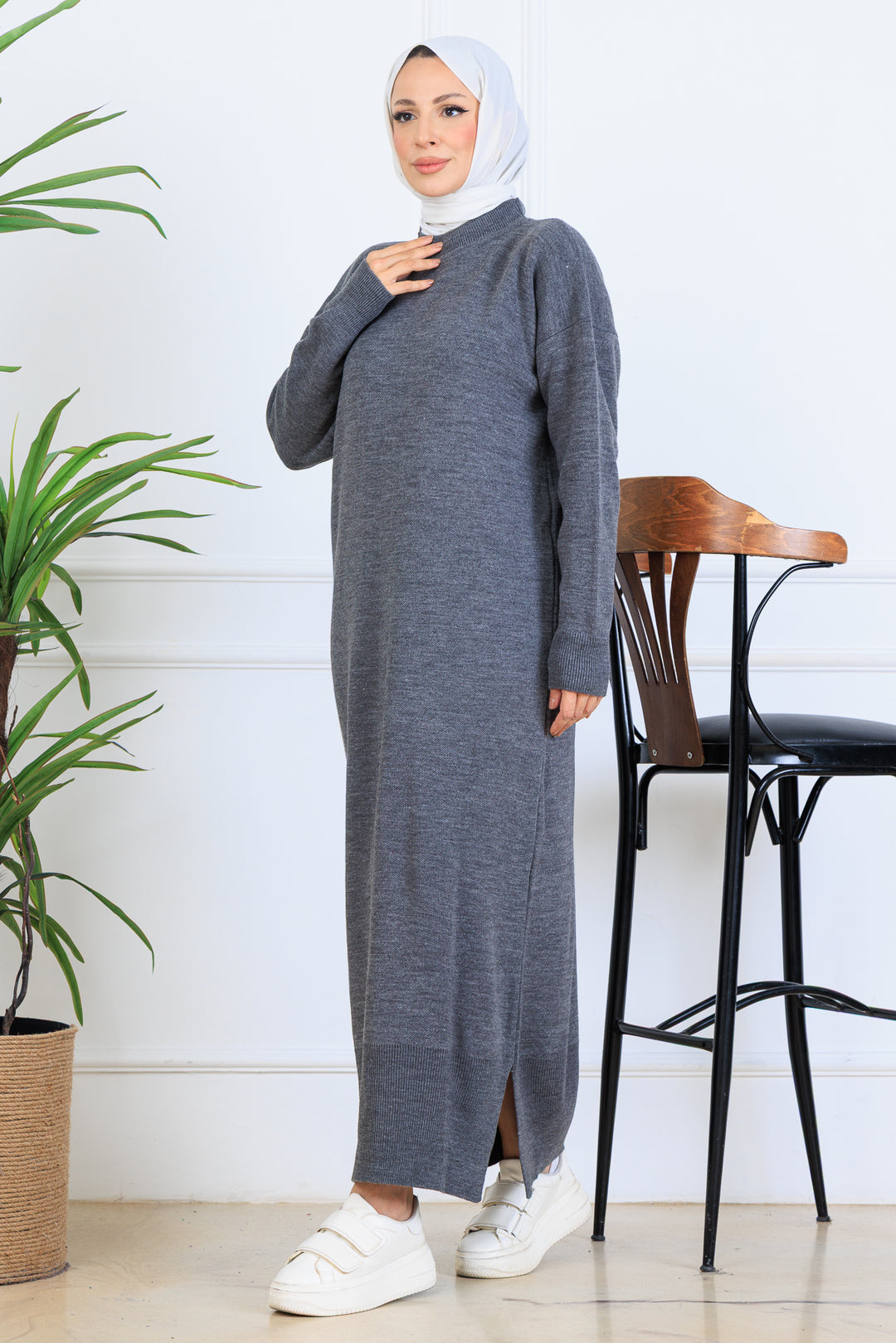 BNG Women Yırtmaç Detaylı Triko Elbise S510 Antrasit - Lugo