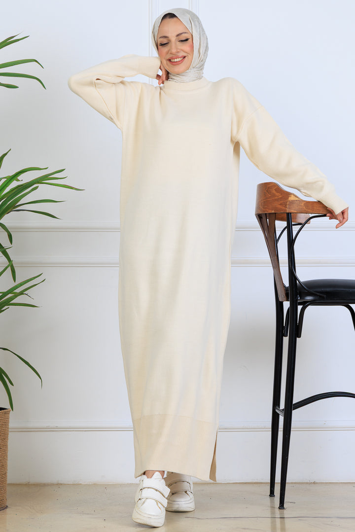 BNG Women Yırtmaç Detaylı Triko Elbise S510 Taş Rengi - Bălţi