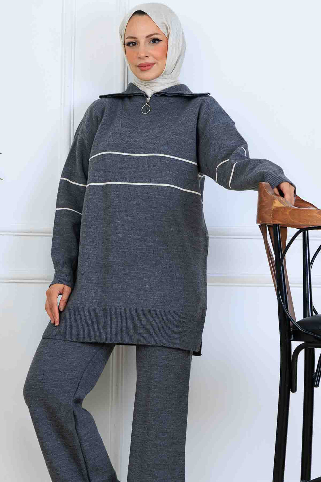 BNG Women Yakası Fermuarlı Şeritli Triko Takım S1050 Antrasit - Porta Westfalica