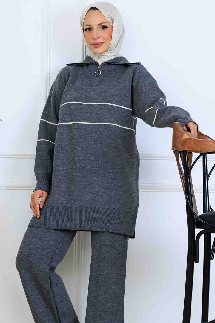 BNG Women Yakası Fermuarlı Şeritli Triko Takım S1050 Antrasit - Porta Westfalica