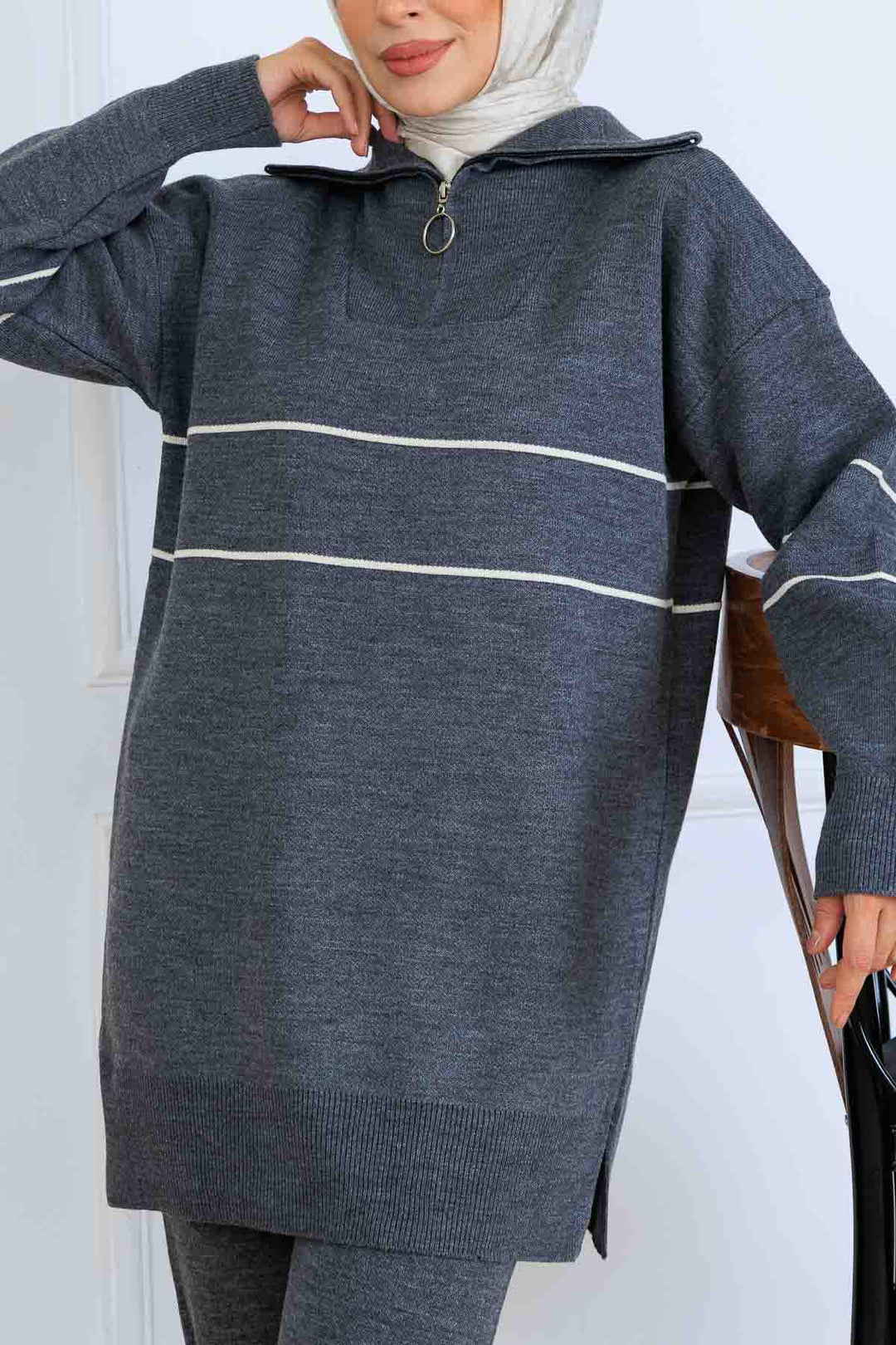 BNG Women Yakası Fermuarlı Şeritli Triko Takım S1050 Antrasit - Porta Westfalica