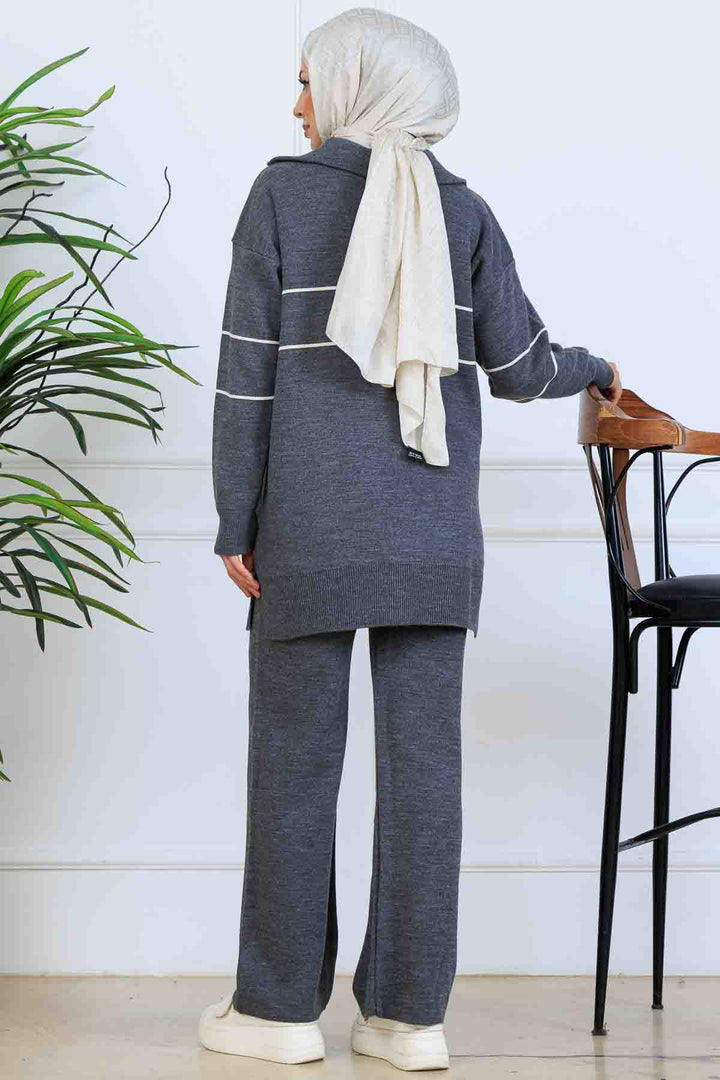 BNG Women Yakası Fermuarlı Şeritli Triko Takım S1050 Antrasit - Porta Westfalica