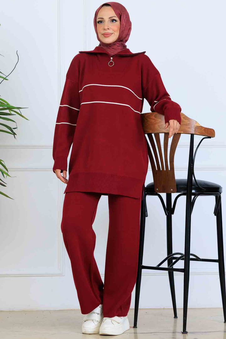 BNG Women Yakası Fermuarlı Şeritli Triko Takım S1050 Bordo - Suffolk