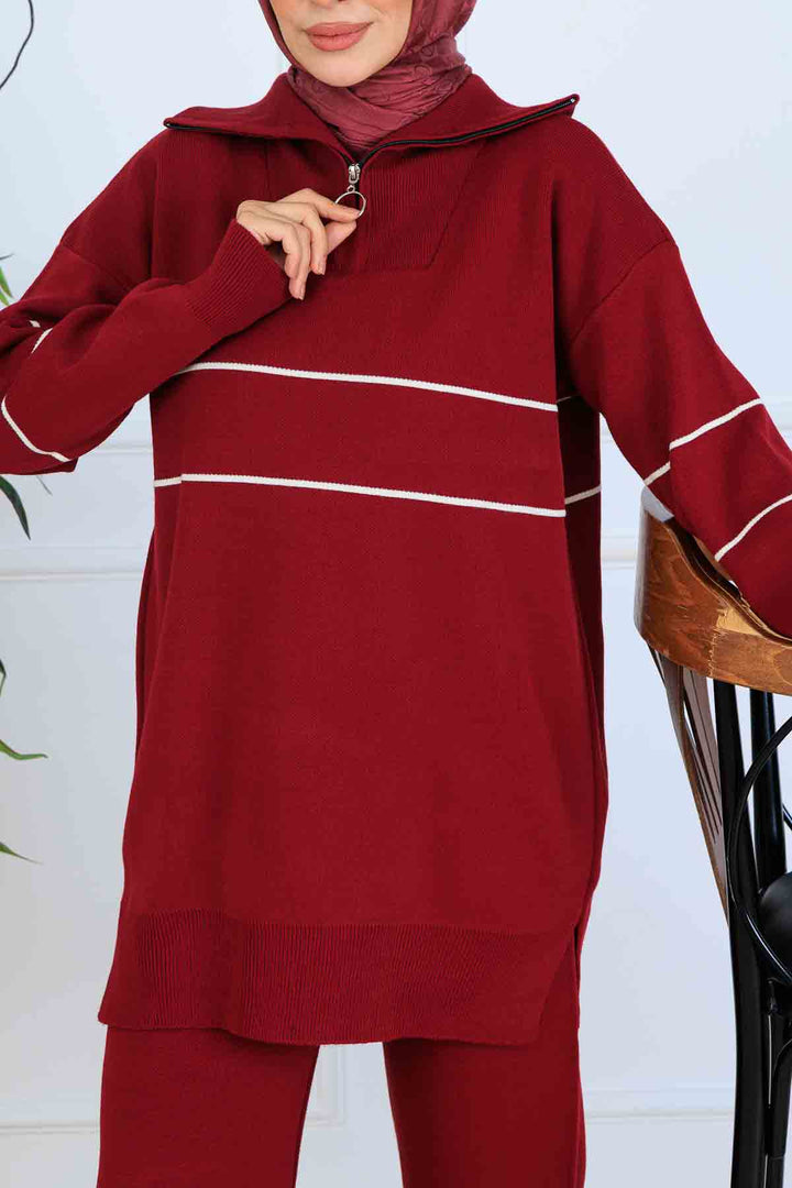 BNG Women Yakası Fermuarlı Şeritli Triko Takım S1050 Bordo - Suffolk