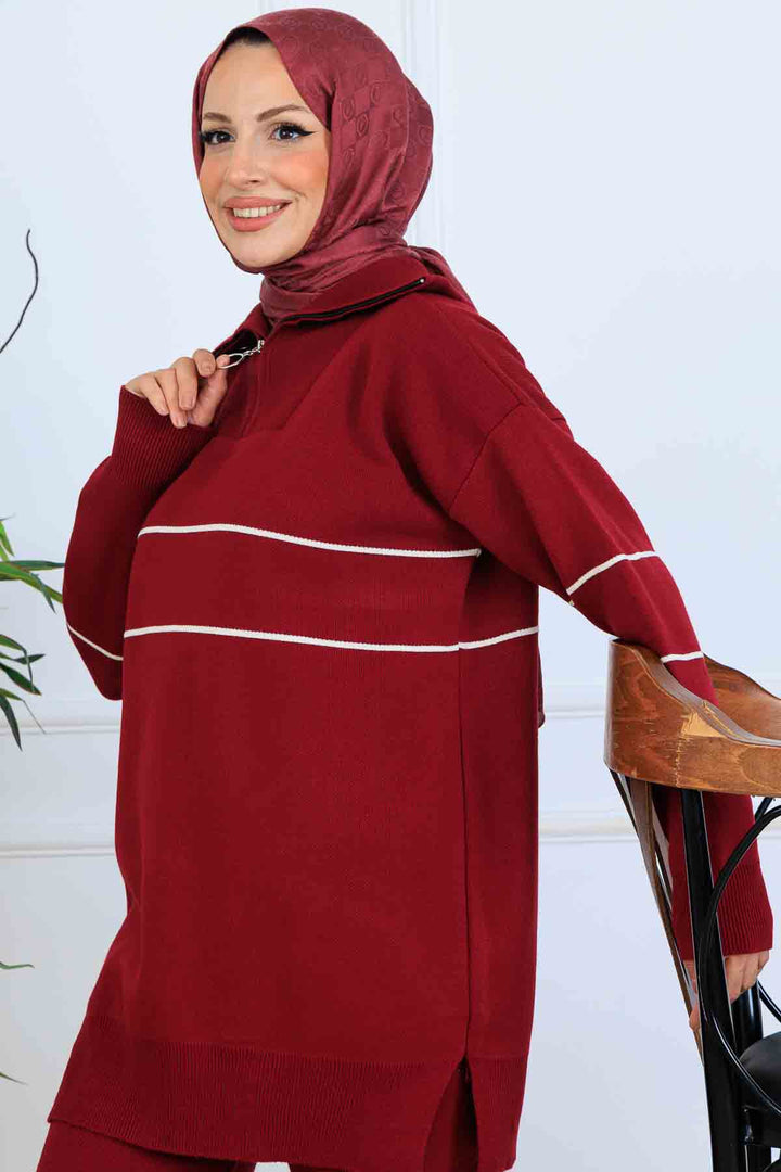 BNG Women Yakası Fermuarlı Şeritli Triko Takım S1050 Bordo - Suffolk