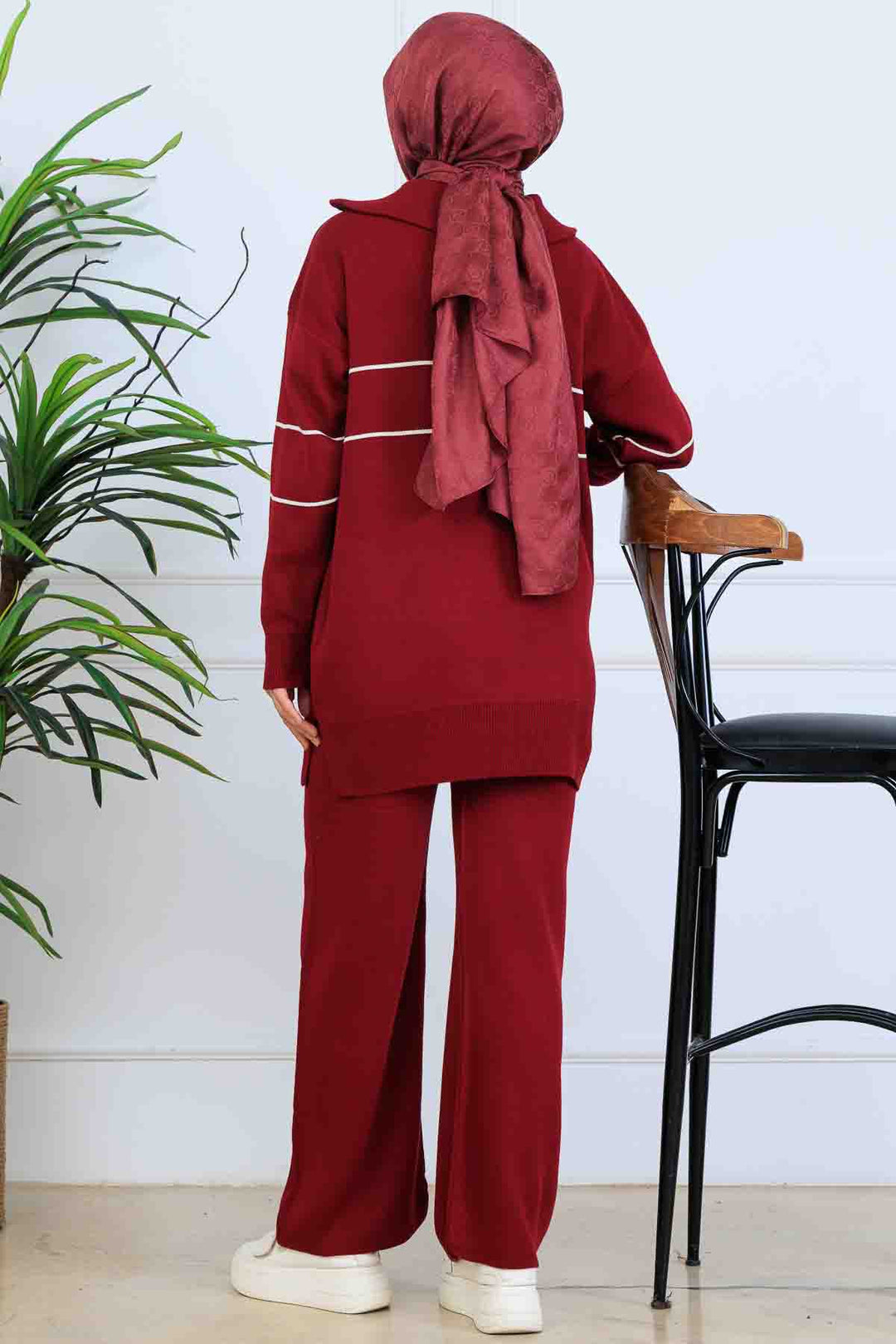 BNG Women Yakası Fermuarlı Şeritli Triko Takım S1050 Bordo - Suffolk