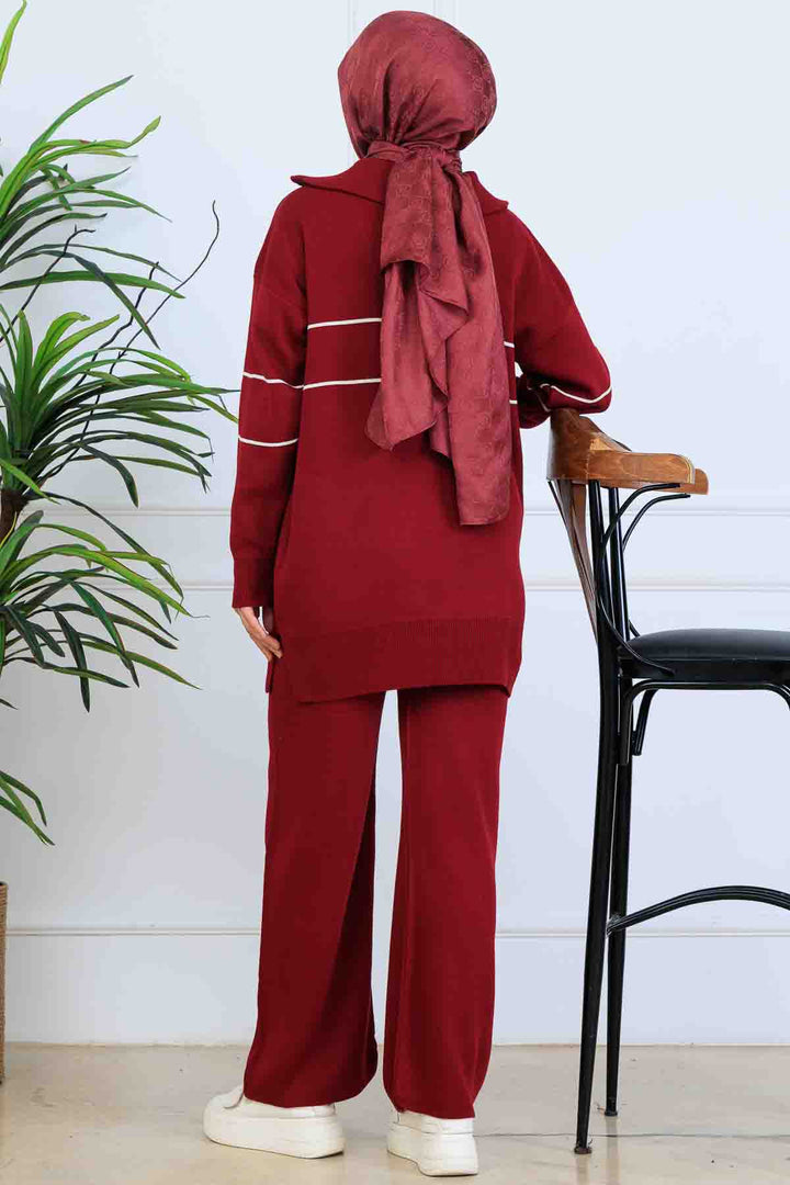 BNG Women Yakası Fermuarlı Şeritli Triko Takım S1050 Bordo - Suffolk