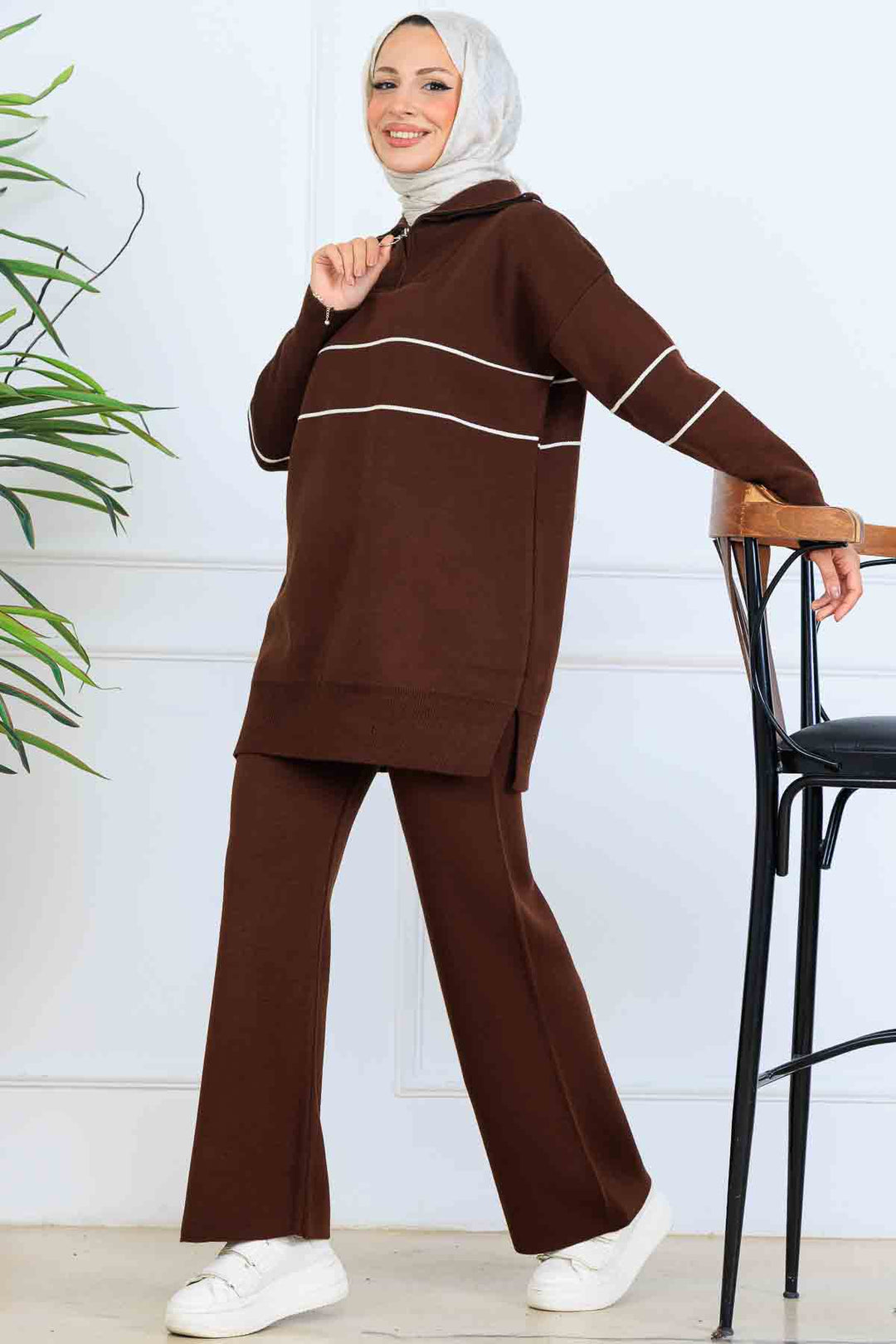 BNG Women Yakası Fermuarlı Şeritli Triko Takım S1050 Kahverengi - Severna Park