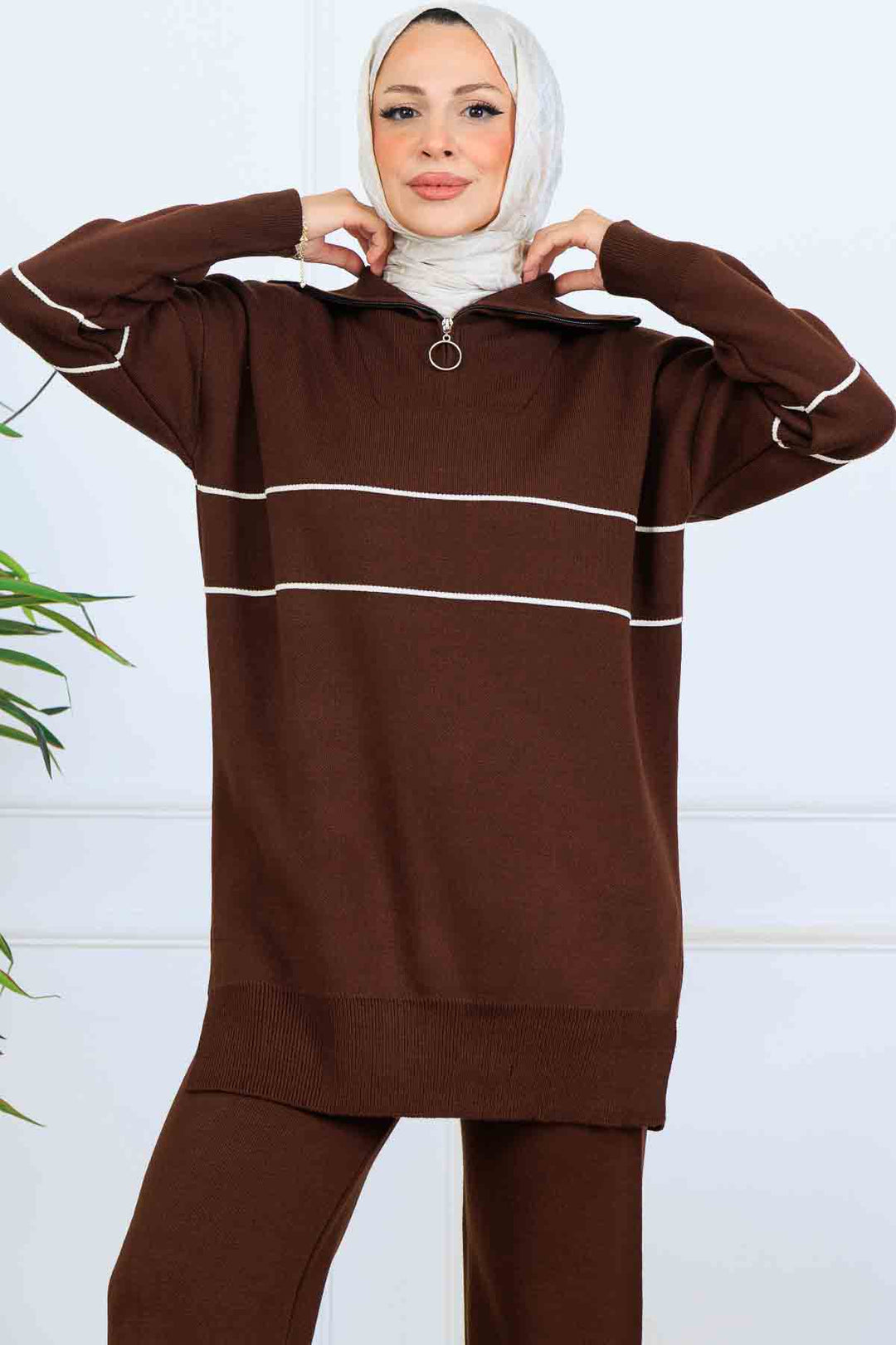 BNG Women Yakası Fermuarlı Şeritli Triko Takım S1050 Kahverengi - Severna Park