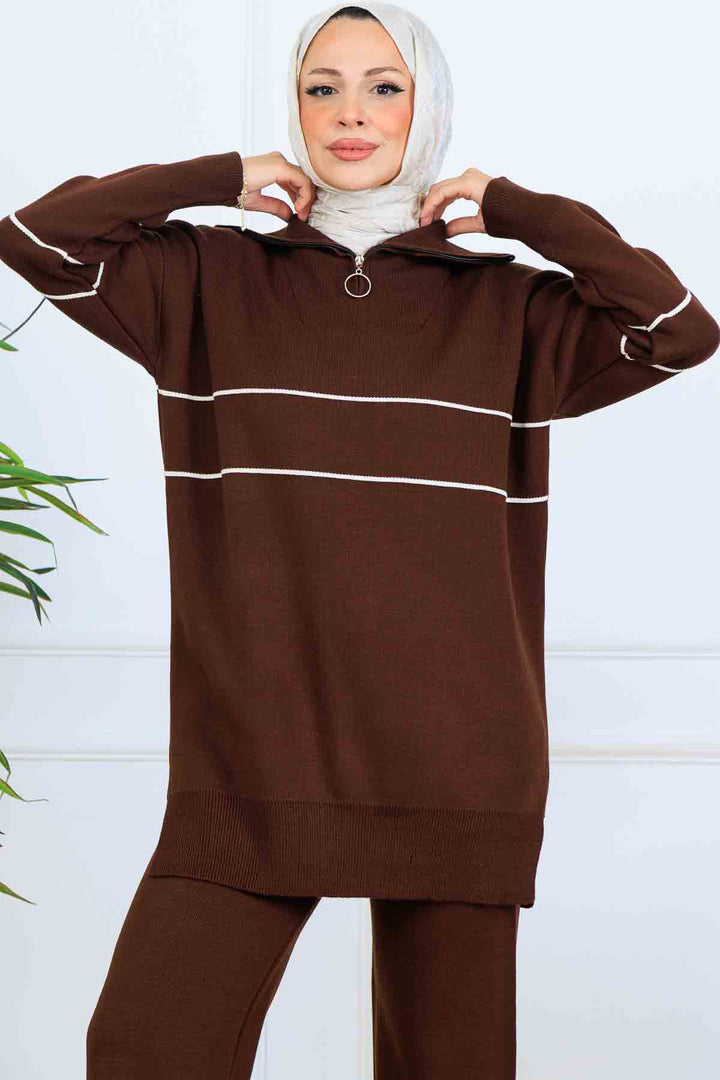 BNG Women Yakası Fermuarlı Şeritli Triko Takım S1050 Kahverengi - Severna Park