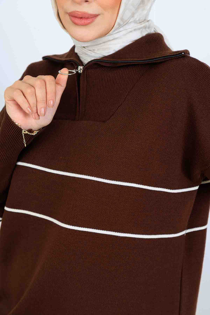 BNG Women Yakası Fermuarlı Şeritli Triko Takım S1050 Kahverengi - Severna Park