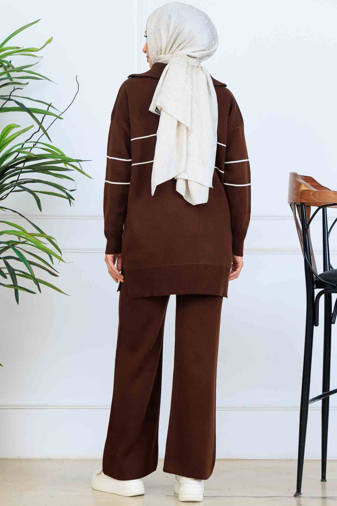 BNG Women Yakası Fermuarlı Şeritli Triko Takım S1050 Kahverengi - Severna Park