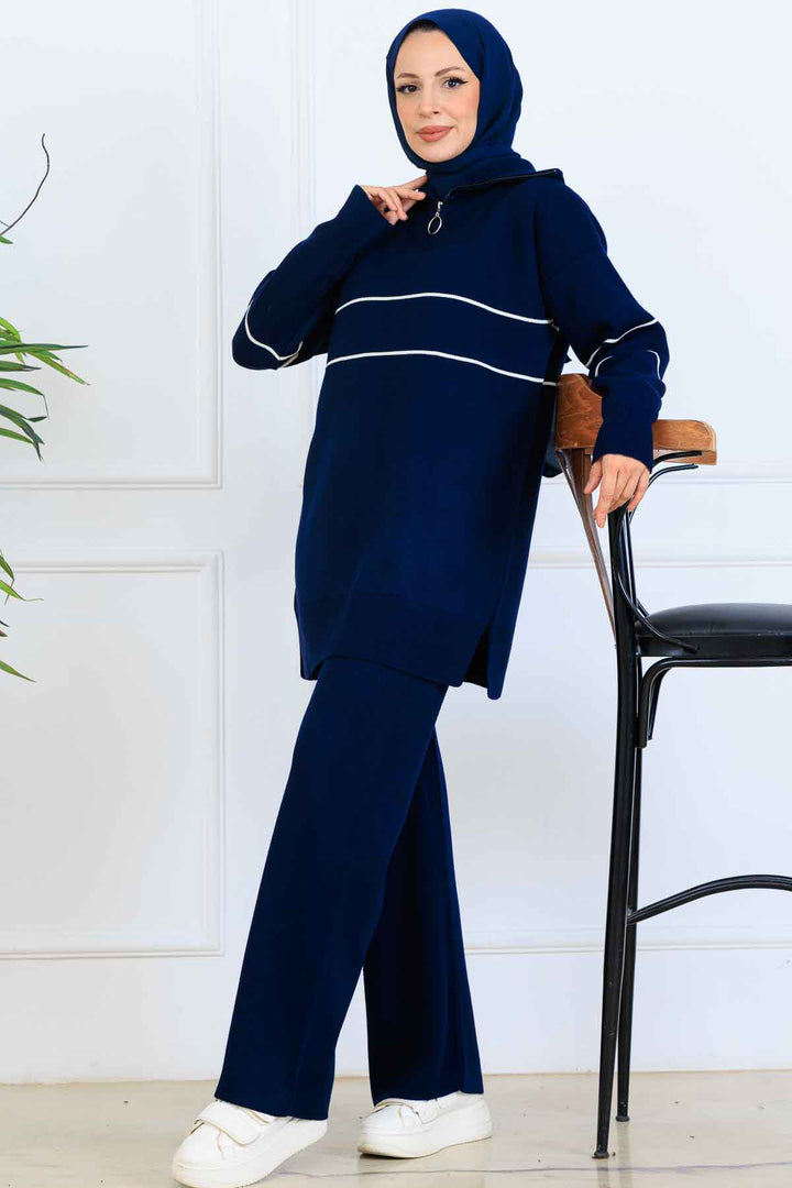 BNG Women Yakası Fermuarlı Şeritli Triko Takım S1050 Lacivert - Cannock