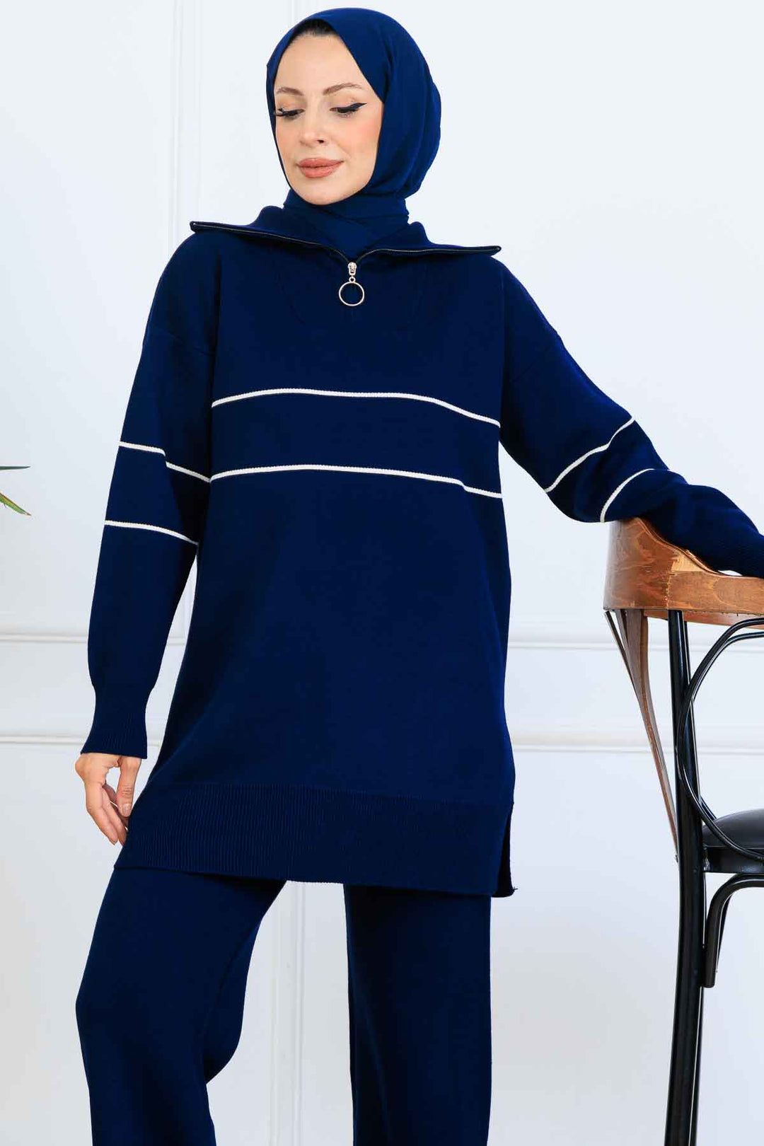 BNG Women Yakası Fermuarlı Şeritli Triko Takım S1050 Lacivert - Cannock