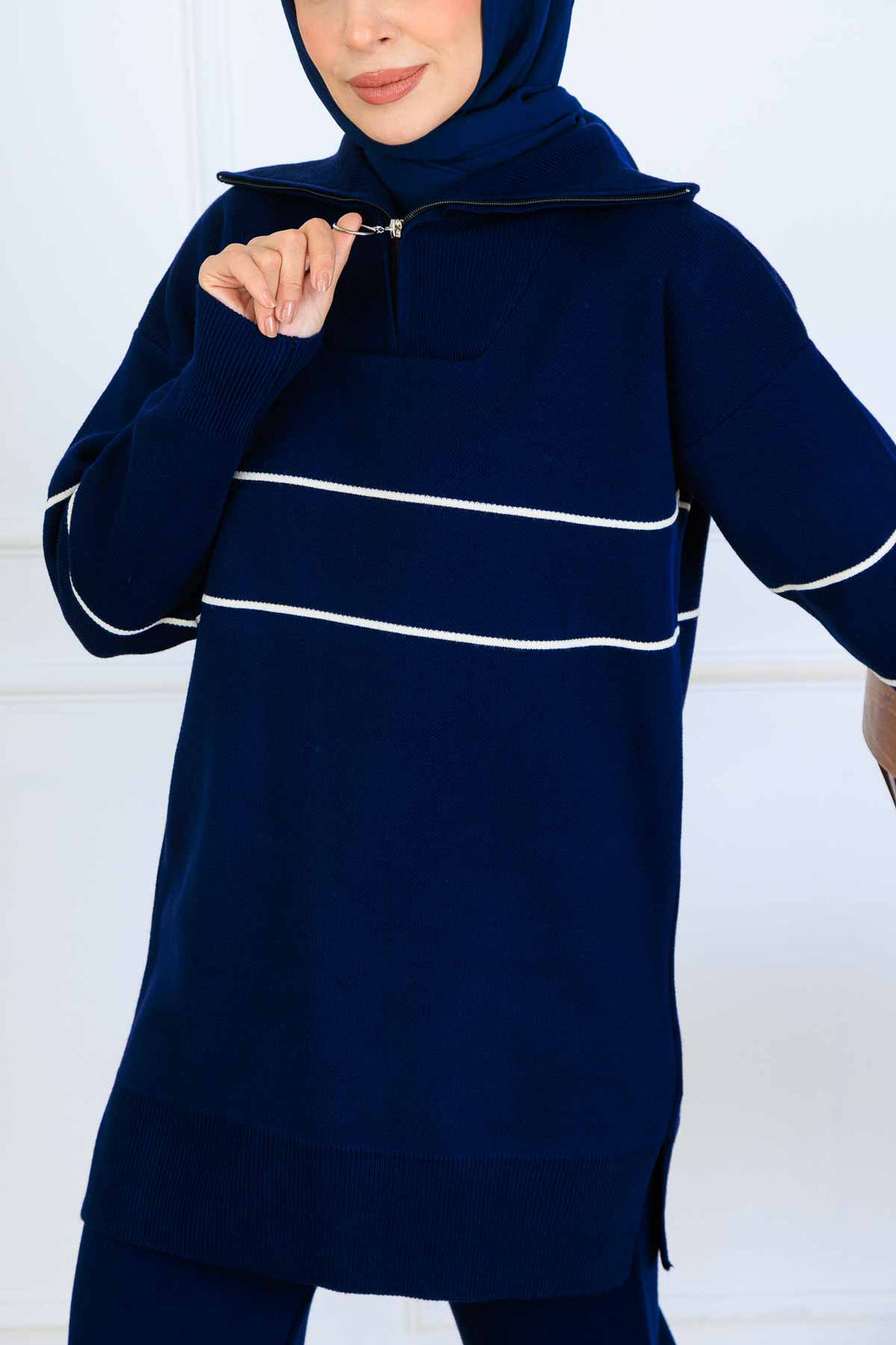 BNG Women Yakası Fermuarlı Şeritli Triko Takım S1050 Lacivert - Cannock